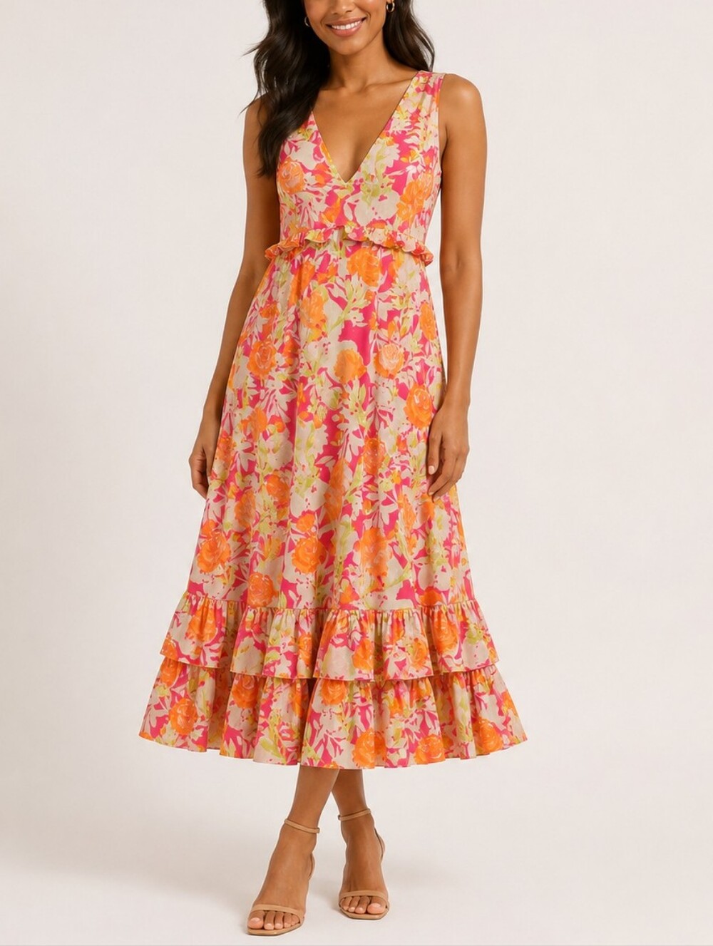NWT Calvin Klein Multicolor Floral V-Neck Midi Dress
